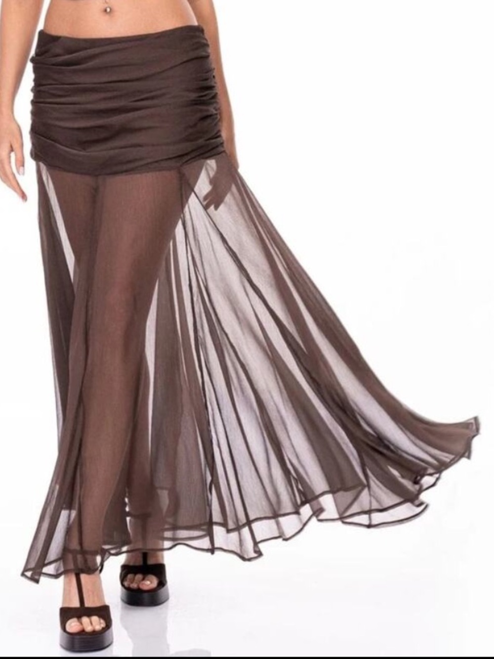 Sheer Brown Maxi Skirt with Ruched Waist